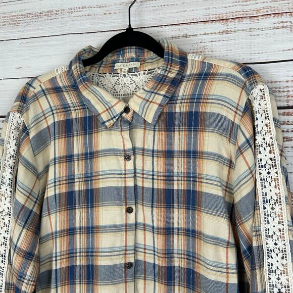 Women's Kate & Sam Cream Blue Crochet Lace Plaid Button Up Flannel Top Boho XL - Picture 1 of 8